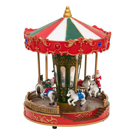 Manège carrousel LED musical rouge et vert avec chevaux blancs et Père Noël, décoration de Noël animée village miniature