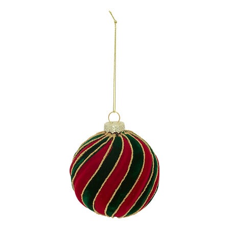 Boule de Noël en verre velours rayé rouge et vert avec liserés dorés décoration sapin festive diam 8 cm