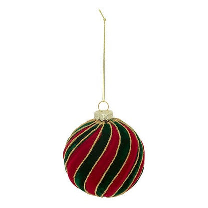 Boule de Noël en verre velours rayé rouge et vert avec liserés dorés décoration sapin festive diam 8 cm