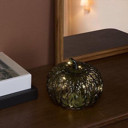 Lampe LED citrouille Assia verte en verre texturé effet feuillage, décoration automne lumineuse pour intérieur