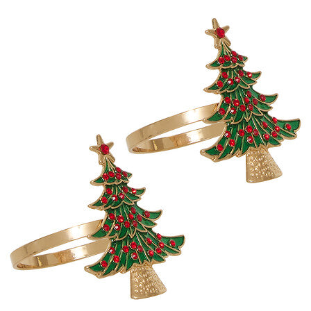 Lot de 2 ronds de serviette sapin de Noël métal doré avec décor vert et rouge étoile dorée déco table fêtes