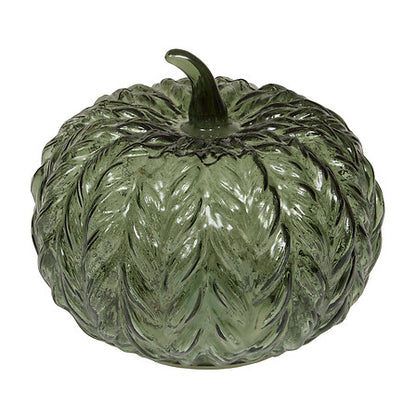 Lampe LED citrouille Assia en verre texturé vert olive, décoration automne design artisanal pour intérieur cosy
