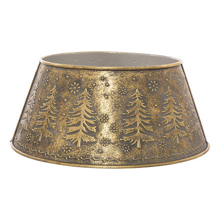 Pied de sapin en métal doré vieilli avec motifs sapins gravés diamètre 56 cm décoration Noël traditionnelle