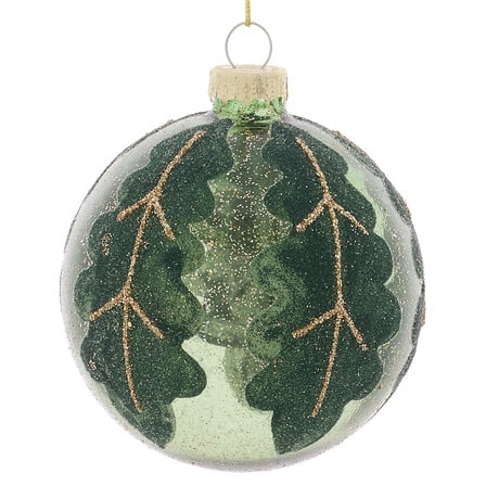 Boule de Noël en verre transparent décor feuilles givrées vertes et dorées diam 8 cm décoration sapin festive
