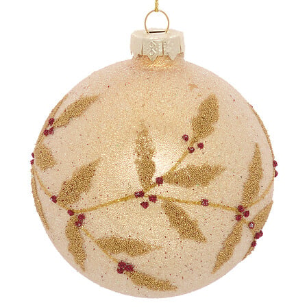 Boule de Noël en verre doré avec motif houx perlé et baies rouges décoration sapin élégante 8 cm