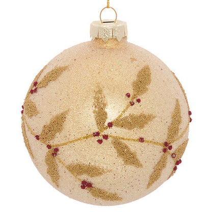 Boule de Noël en verre doré avec motif houx perlé et baies rouges décoration sapin élégante 8 cm