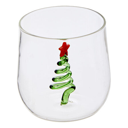 Verre transparent 40 cl Nelya avec sapin de Noël vert en verre soufflé et étoile rouge déco table fêtes