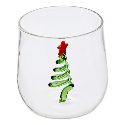 Verre transparent 40 cl Nelya avec sapin de Noël vert en verre soufflé et étoile rouge déco table fêtes