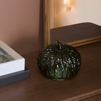 Lampe LED citrouille Assia en verre texturé vert foncé, décoration d'intérieur automne ambiance cosy