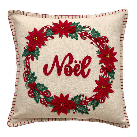 Coussin brodé couronne 45x45 cm - Déco Noël poinsettia rouge