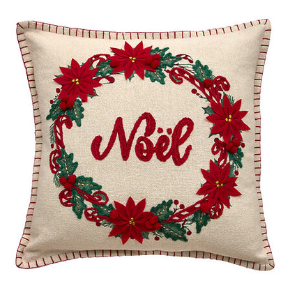 Coussin brodé couronne 45x45 cm - Déco Noël poinsettia rouge