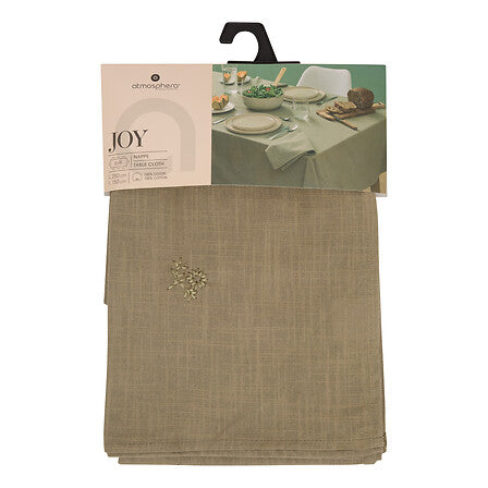 Nappe Joy rectangulaire coton vert olive 150x250cm avec broderie florale dorée, linge de table élégant atmosphera