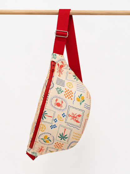 Banane isotherme Dolce Vita beige motifs méditerranéens colorés homard citron sangle rouge fabrication française