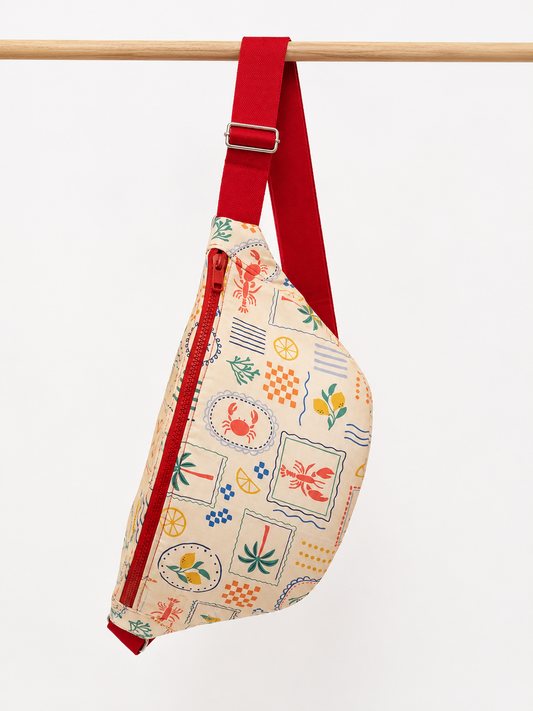 Banane isotherme Dolce Vita beige motifs méditerranéens colorés homard citron sangle rouge fabrication française