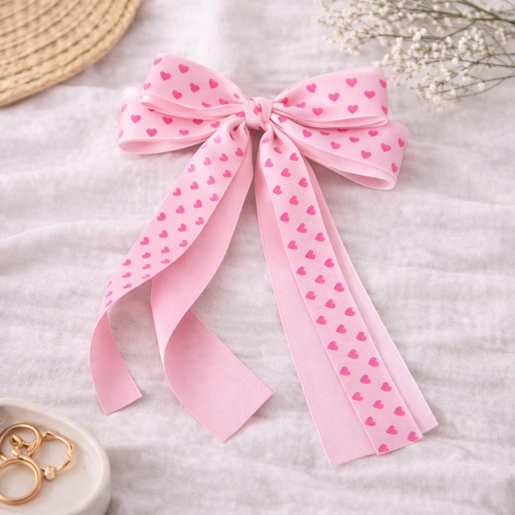 Barrette nœud en ruban rose décoré de cœurs, posée sur un fond clair
