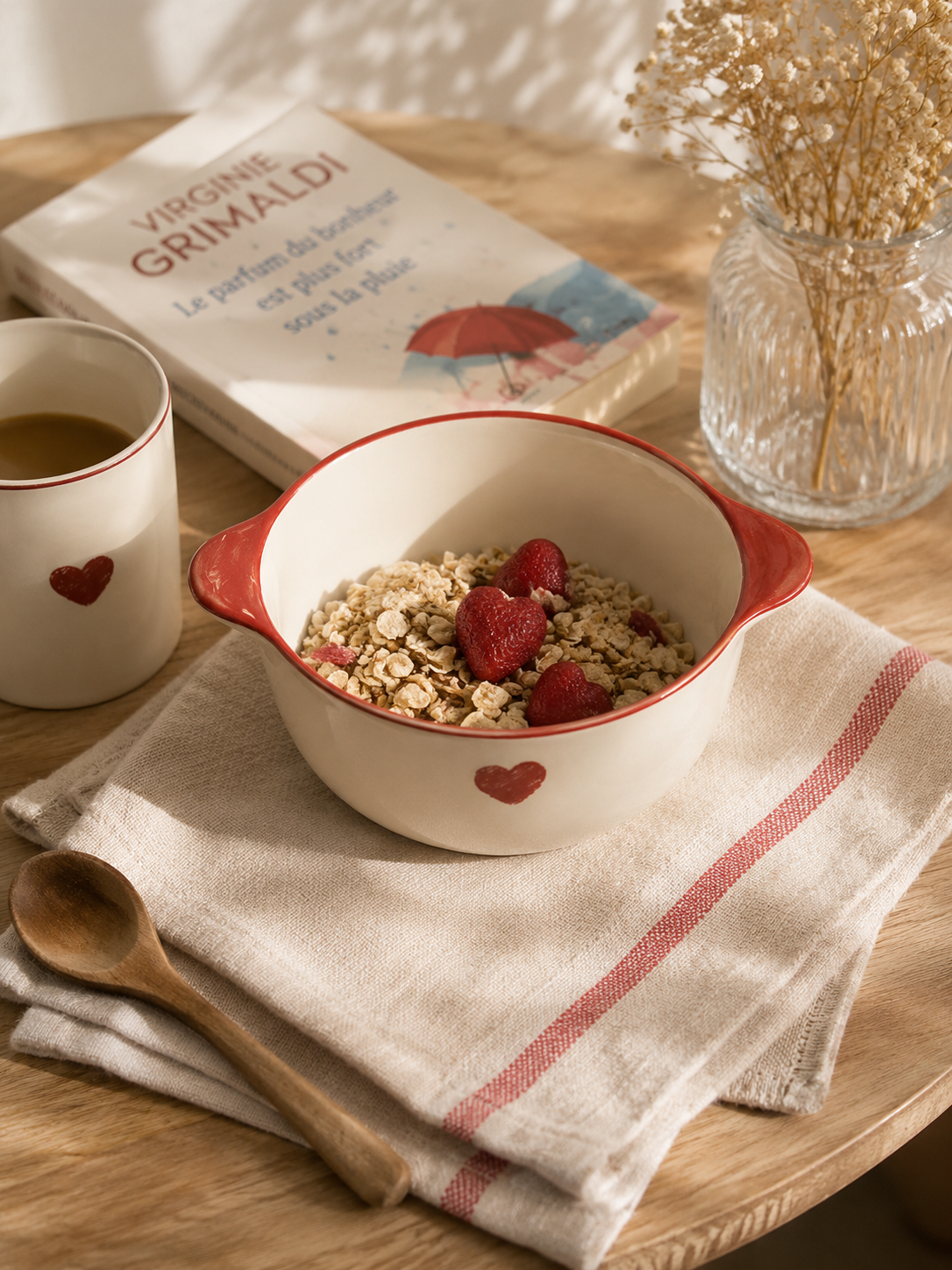 Bol Valentine 43cl crème avec cœur rouge et liseré, style romantique pour petit-déjeuner cosy Atmosphera