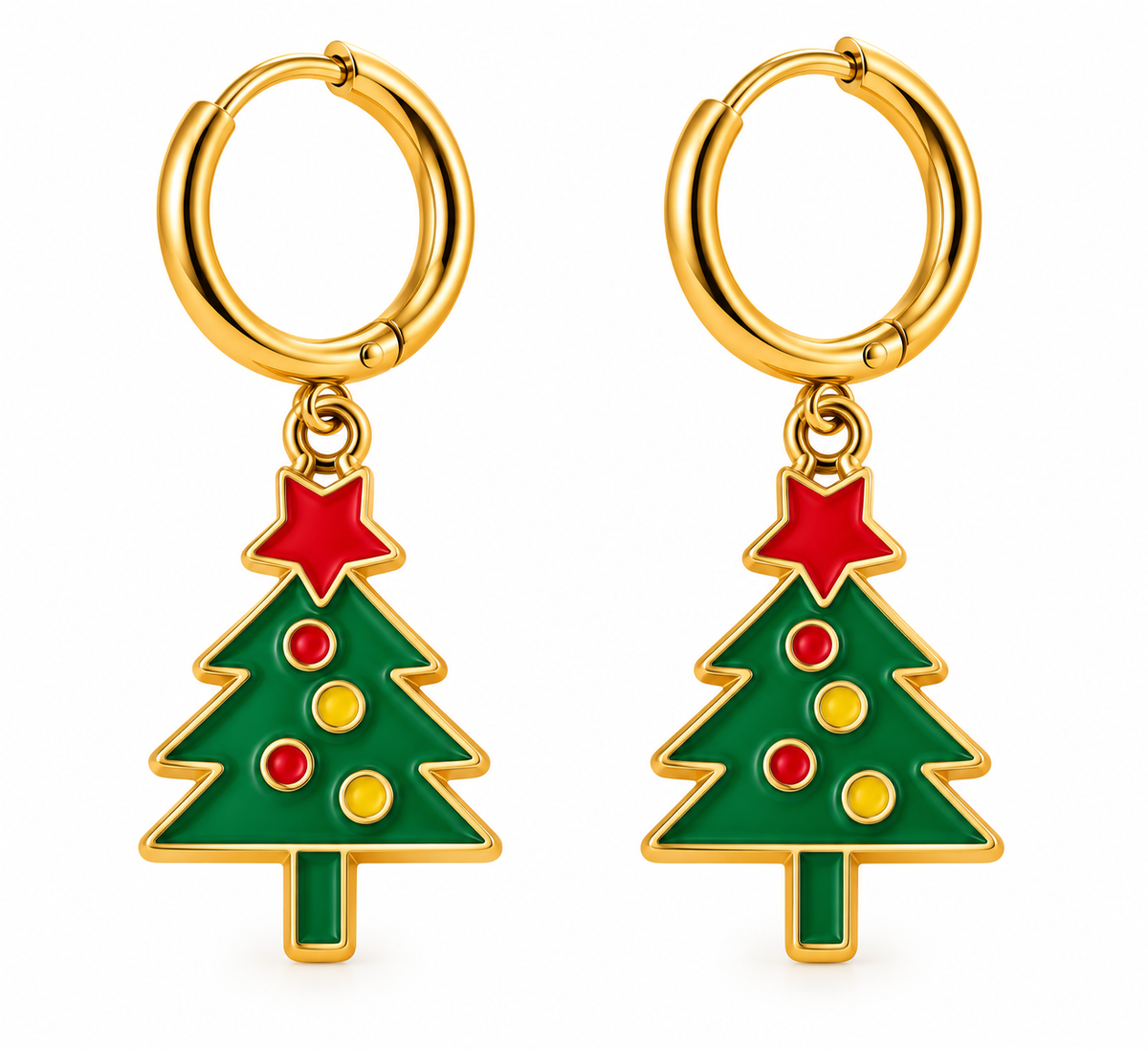 Boucles d'oreilles sapin de Noël dorées avec pendentif vert et étoile rouge bijoux fantaisie femme fêtes