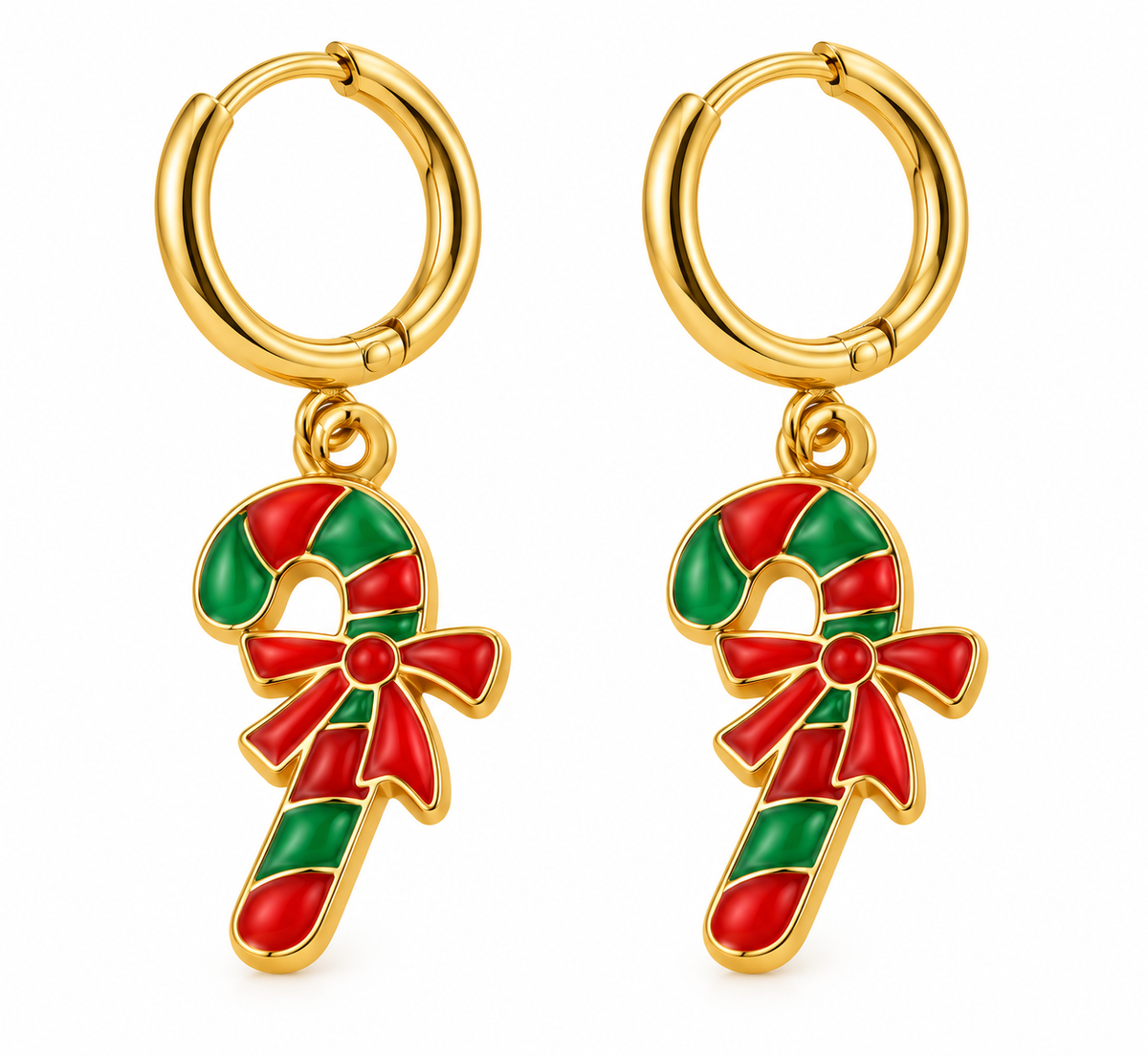 Boucles d'oreilles créoles dorées pendentif sucre d'orge rouge et vert émaillé bijou fantaisie Noël femme