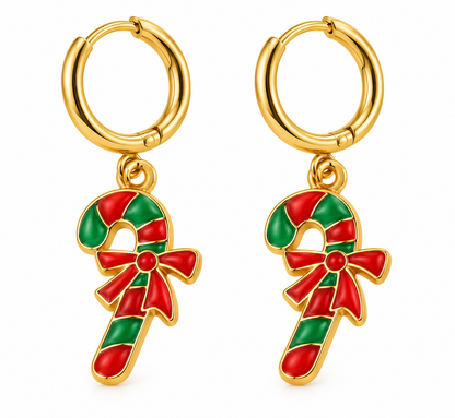 Boucles d'oreilles créoles dorées pendentif sucre d'orge rouge et vert émaillé bijou fantaisie Noël femme