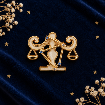 Broche dorée signe astrologique Balance avec constellation strass bleus et blancs accessoire femme zodiac