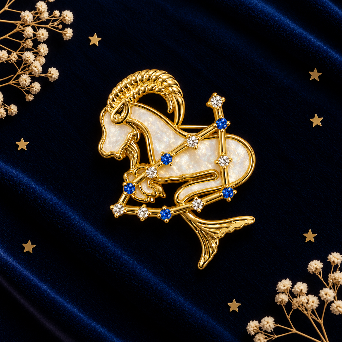 Broche dorée signe astrologique Capricorne avec opale blanche, saphirs bleus et cristaux, bijou constellation femme