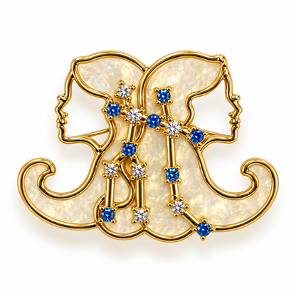 Broche dorée signe astrologique Gémeaux constellation pierres bleues et blanches nacre femme accessoire bijou fantaisie