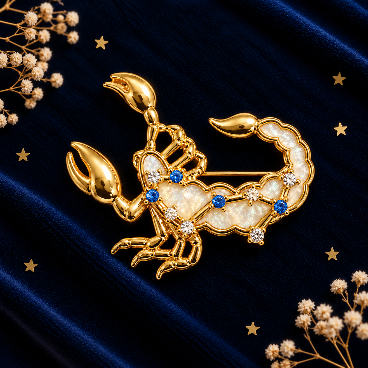 Broche scorpion dorée signe astrologique avec opale blanche et cristaux bleus, accessoire bijou constellation femme