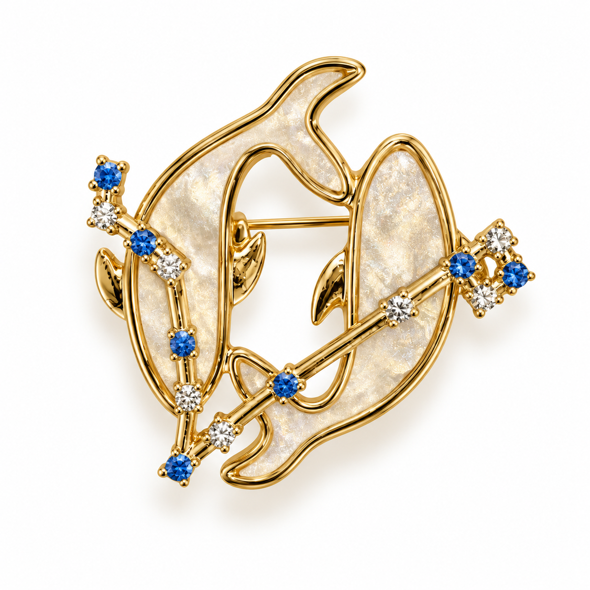 Broche dorée signe astrologique Poissons avec constellation pierres bleues et blanches sur nacre femme