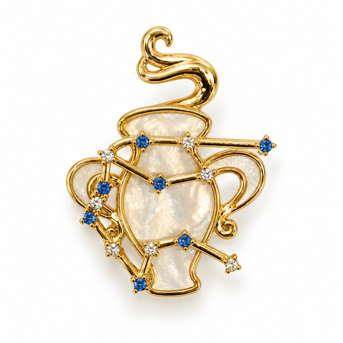 Broche dorée signe astrologique Verseau constellation strass bleus et blancs nacre femme accessoire bijou fantaisie