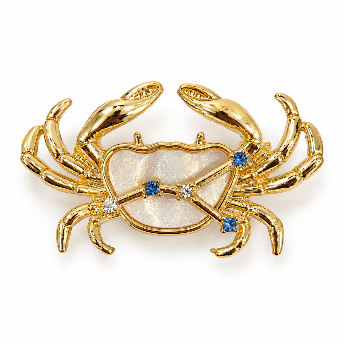 Broche dorée signe Cancer crabe constellation avec nacre et cristaux bleus accessoire astrologique femme
