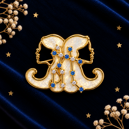 Broche dorée signe astrologique Gémeaux constellation pierres bleues et blanches sur nacre femme accessoire bijou astro