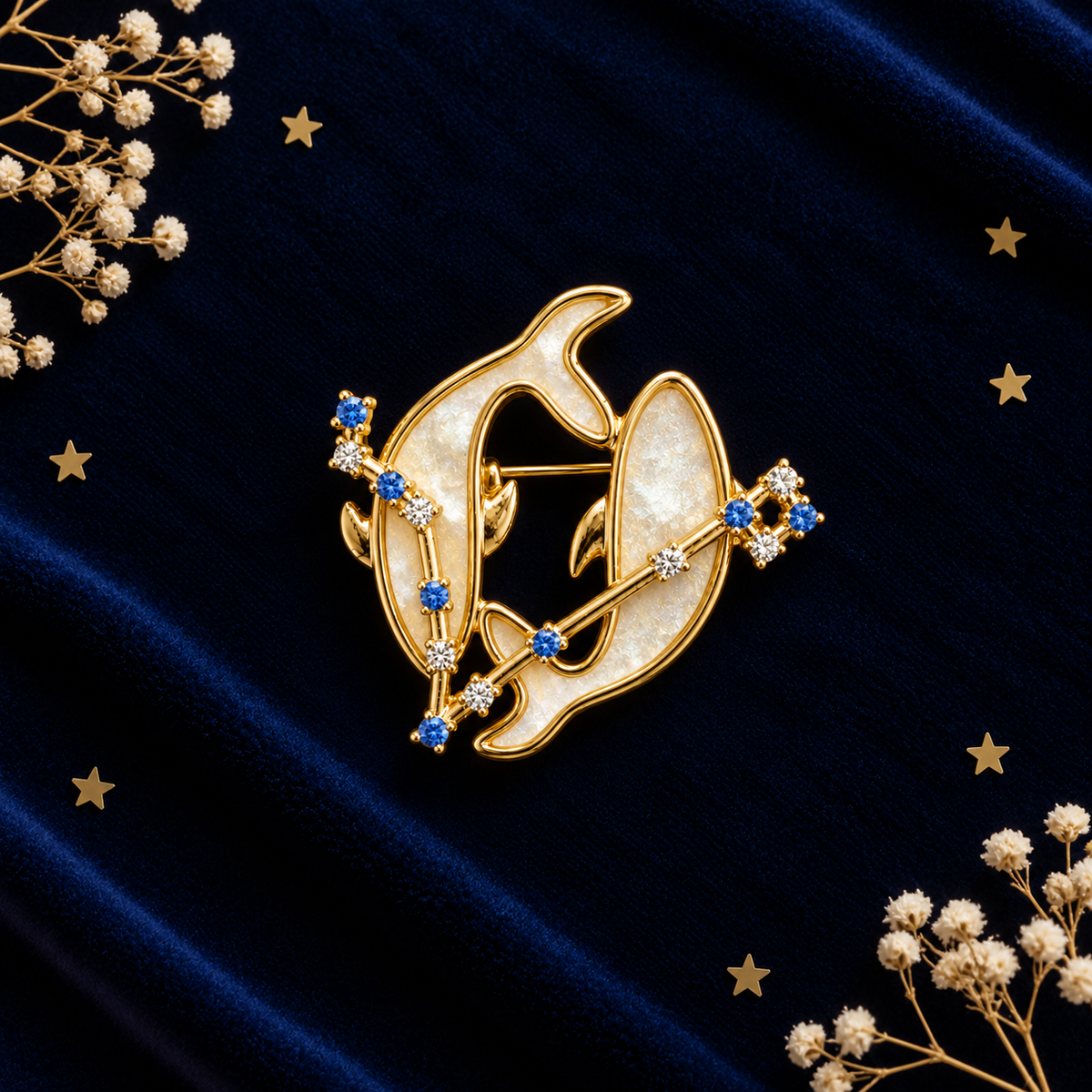 Broche dorée signe astrologique Poissons avec constellation en strass bleus et blancs sur nacre femme