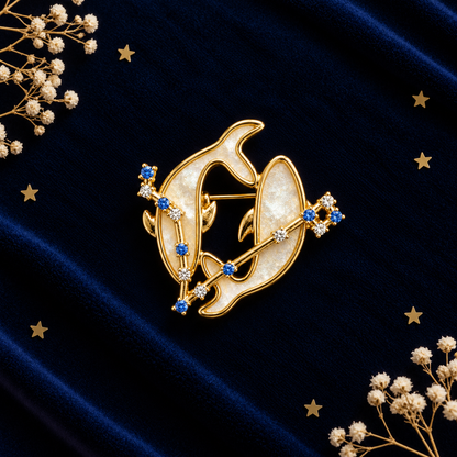 Broche dorée signe astrologique Poissons avec constellation en strass bleus et blancs sur nacre femme