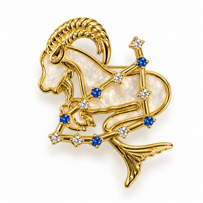 Broche dorée signe astrologique Capricorne constellation nacre et pierres bleues bijou femme zodiaque