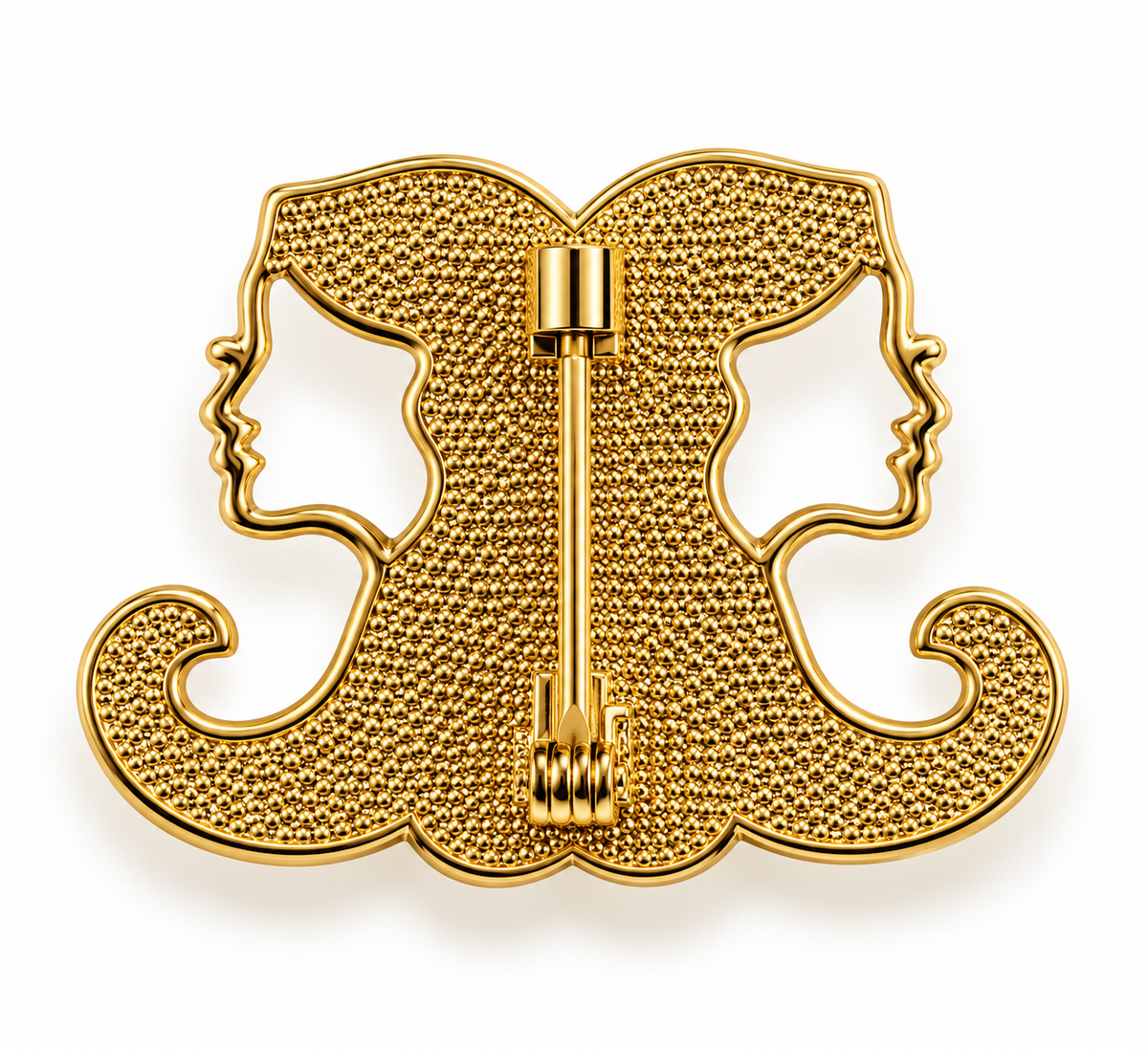 Broche dorée signe astrologique Gémeaux constellation deux visages texturée accessoire bijou femme