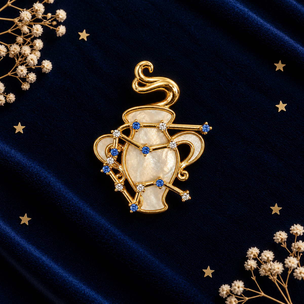 Broche dorée signe astrologique Verseau constellation avec pierres bleues et nacre blanche accessoire femme zodiac