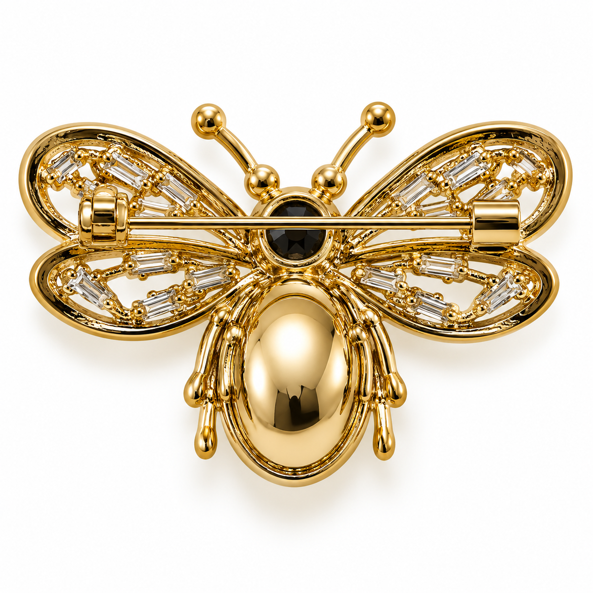 Broche abeille dorée ornée de cristaux baguettes et pierre noire, accessoire bijou fantaisie femme élégant