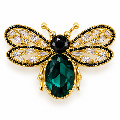 Broche abeille dorée ornée cristaux verts et noirs style luxe femme accessoire bijou fantaisie élégant