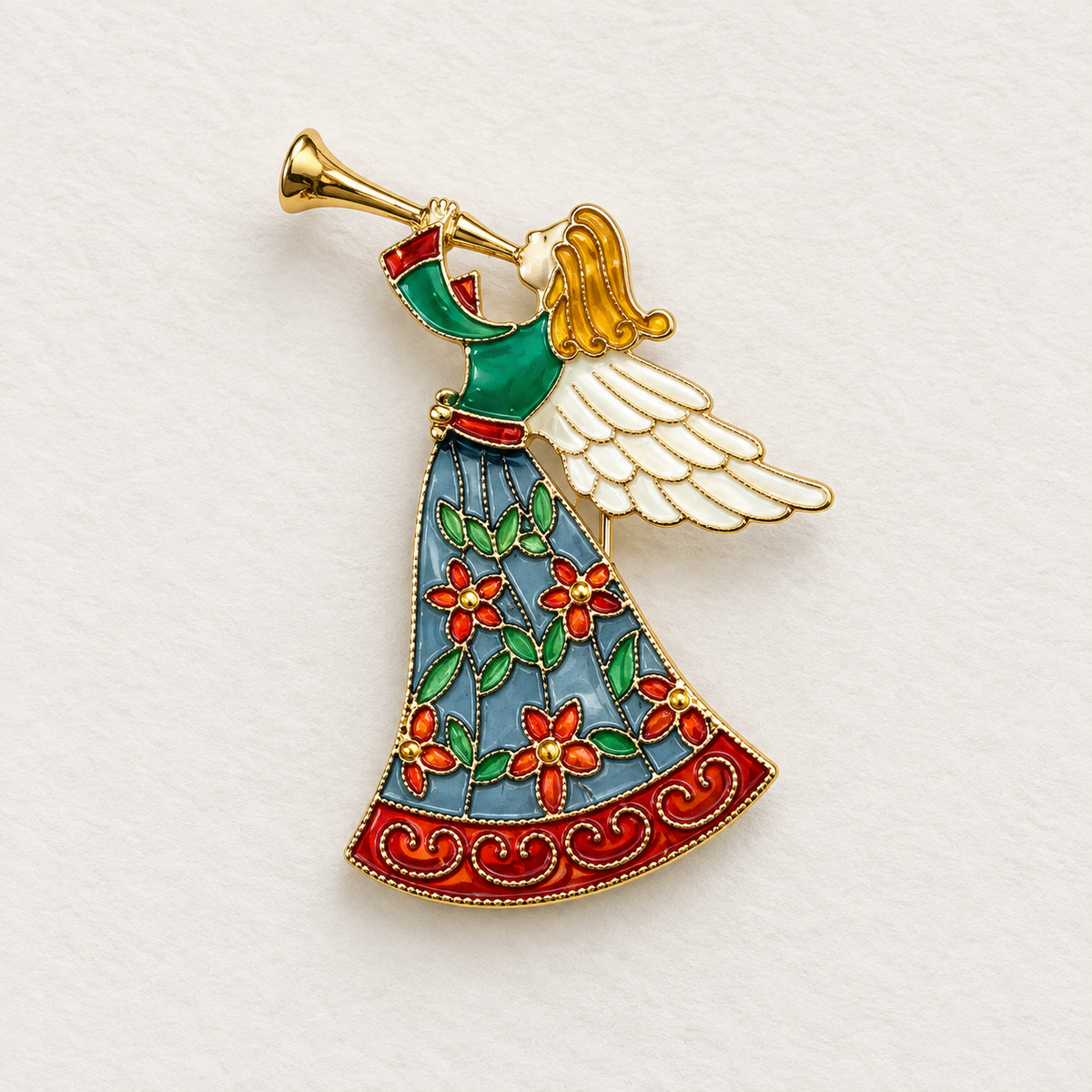 Broche ange de Noël émaillée multicolore avec trompette dorée, ailes blanches et robe fleurie style vitrail, bijou fantaisie 