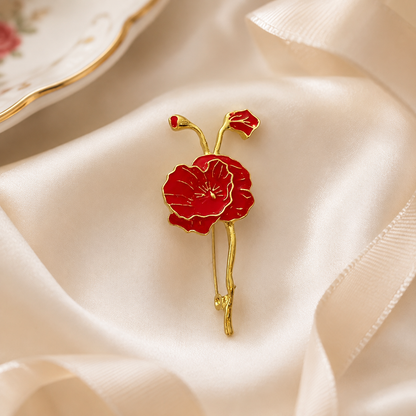 Broche fleur de pavot rouge émaillée avec tige dorée, accessoire bijou fantaisie femme élégant style vintage
