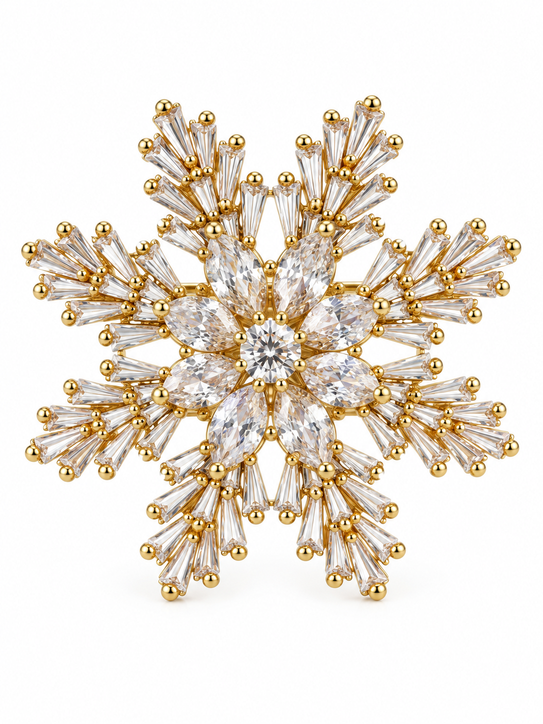 Broche flocon de neige en strass cristal et métal doré accessoire bijou fantaisie femme hiver élégant