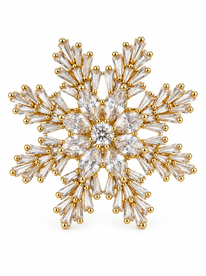 Broche flocon de neige en strass cristal et métal doré accessoire bijou fantaisie femme hiver élégant
