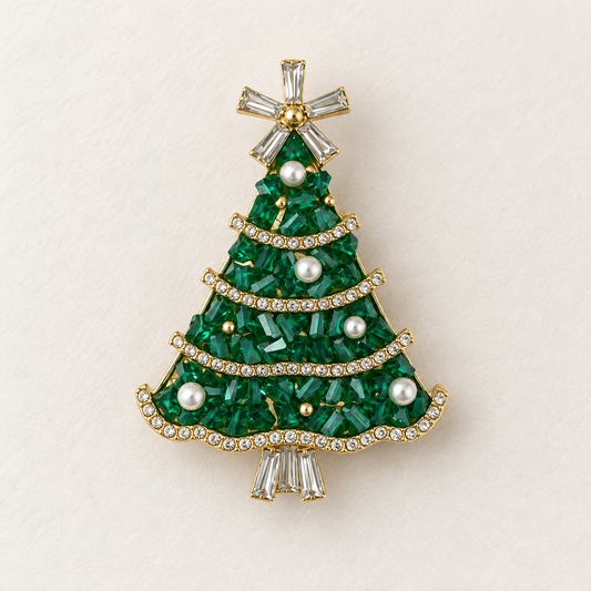 Broche sapin de Noël en strass verts et cristaux blancs avec perles, accessoire bijou festif femme