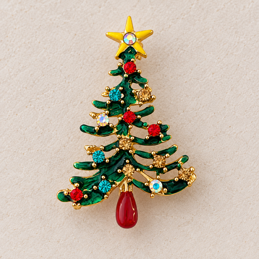 Broche sapin de Noël émaillée verte avec strass multicolores et étoile dorée, bijou fantaisie festif femme