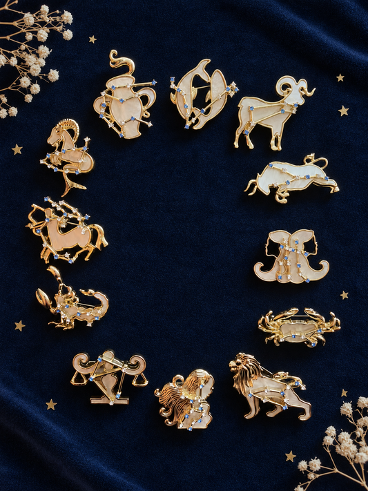 Broches signes astrologiques dorées nacre et strass bleus, collection 12 constellations du zodiaque femme