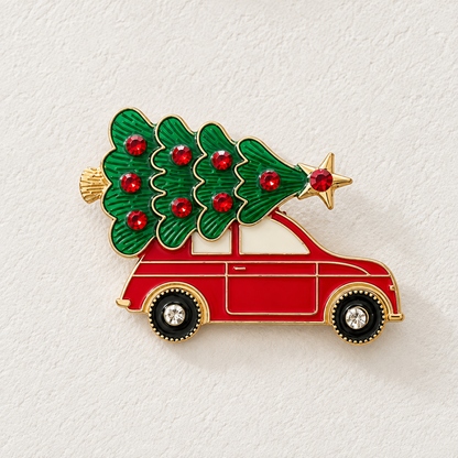 Broche fantaisie voiture rouge sapin de Noël ornée de strass rouges et dorés accessoire bijou fêtes femme