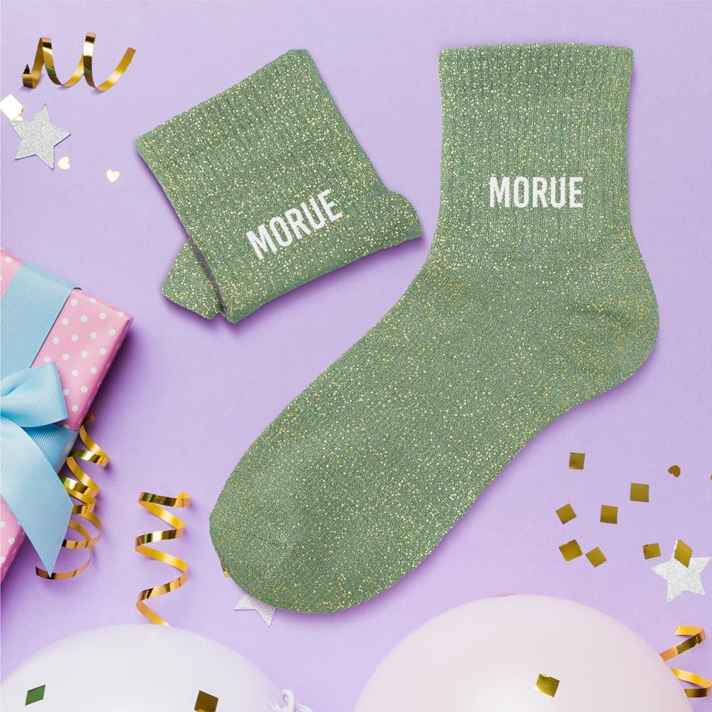 Chaussettes à paillettes vertes Morue texte blanc humour femme cadeau original