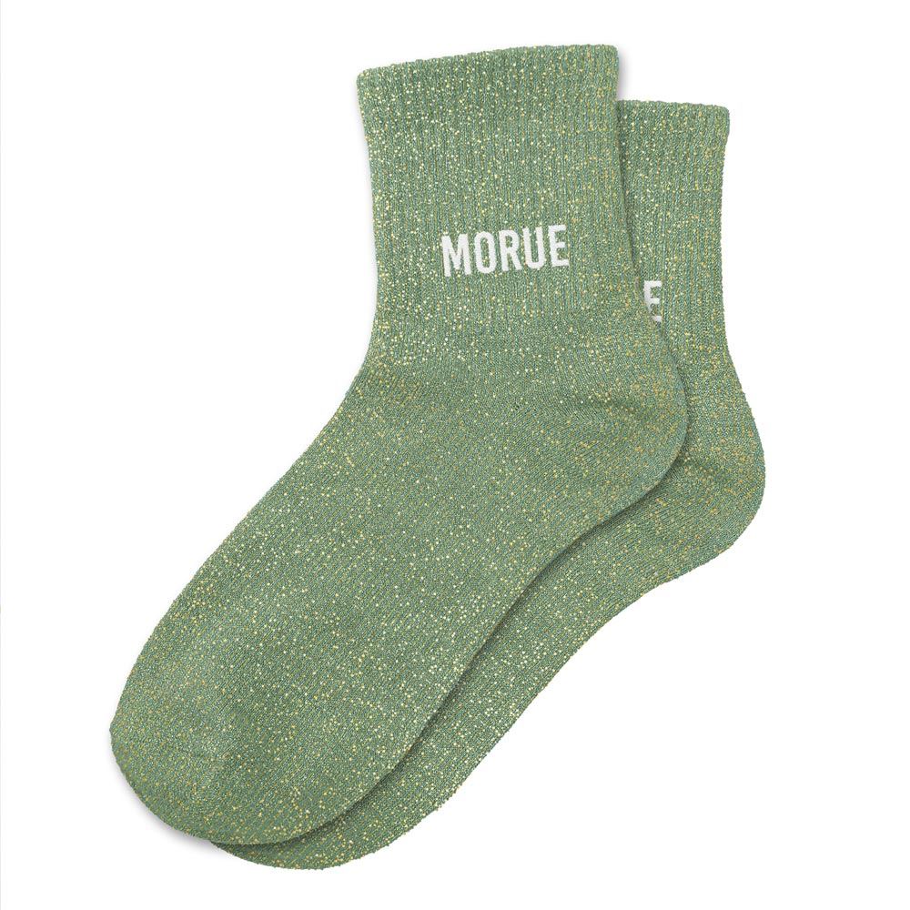 Chaussettes paillettes vertes Morue femme, maille côtelée brillante dorée, style humoristique tendance