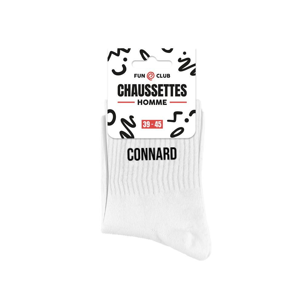 Chaussettes homme blanches message humour Connard Fun Club taille 39-45 coton côtelé cadeau original