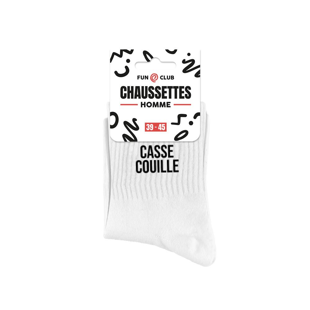 Chaussettes homme blanches message humoristique Casse couille Fun Club taille 39-45 coton côtelé